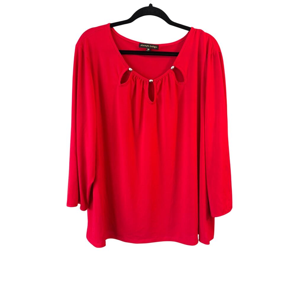 Always Indigo Women's Plus Size Red & Silver Keyhole Blouse Size 3X